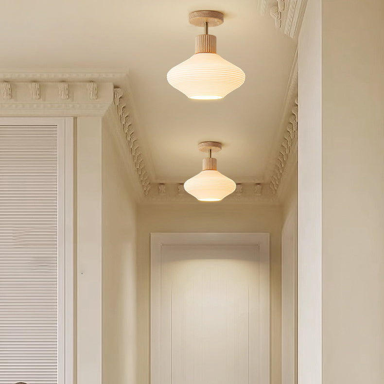 Moderne Japandi Plafondlamp – Walnoot & Hout met Glazen Kap