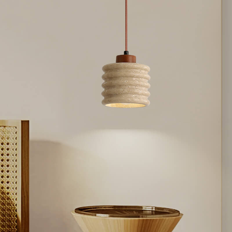 Industriële Gele Travertin Hanglamp met Houten Accent – E26 Fitting