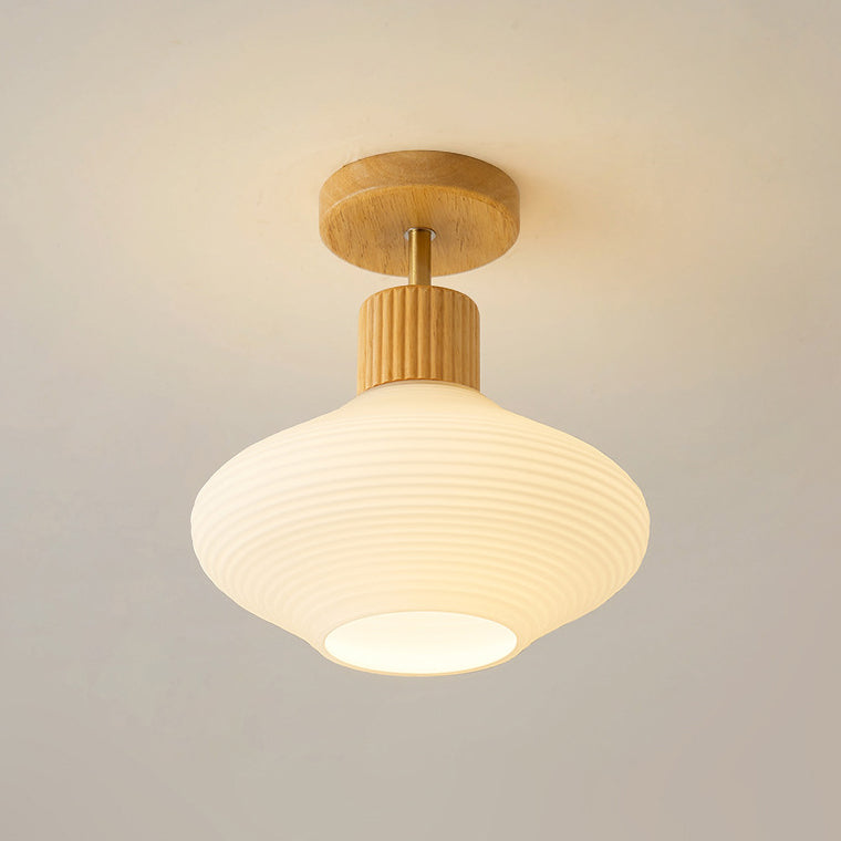 Moderne Japandi Plafondlamp – Walnoot & Hout met Glazen Kap