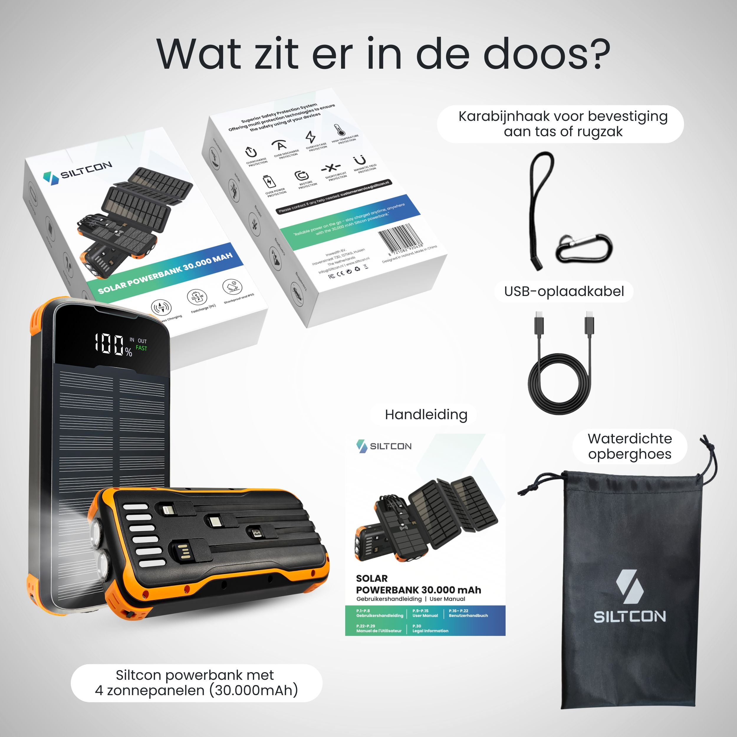 Sterke Solar Powerbank met 4 zonnepanelen en 8-in-1 laadfunctie