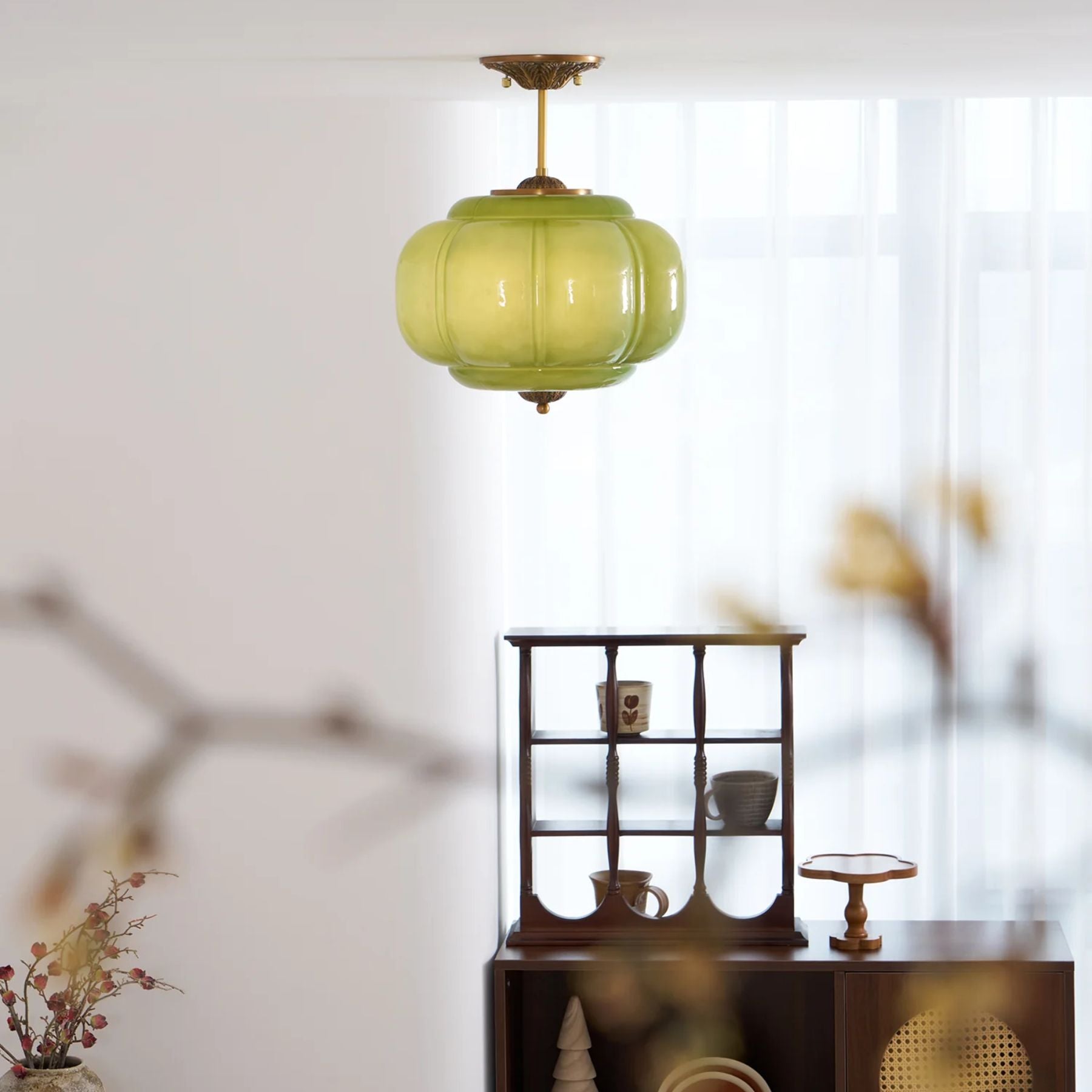 Vintage Glazen Plafondlamp met Pompoenvormige Kap