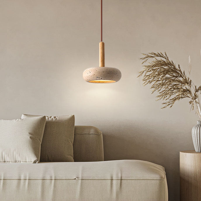 Japanse Hanglamp – Geel Travertin met Houten Accent en Geïntegreerde LED