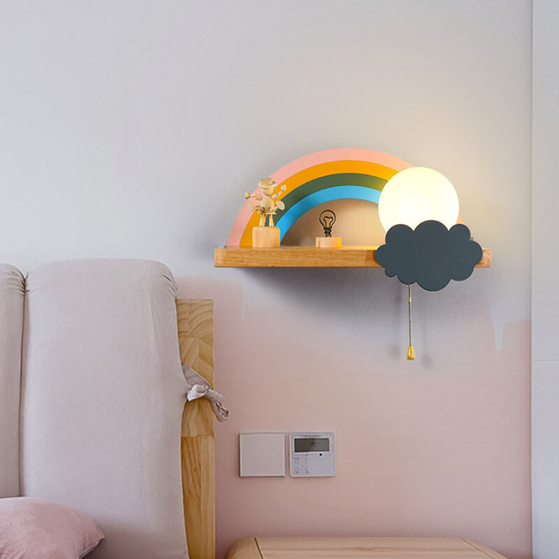 Regenboog Cartoon Wandlamp van Glas met Houten & Metalen Accenten – 4 Kleuren, 3 Lichtstanden