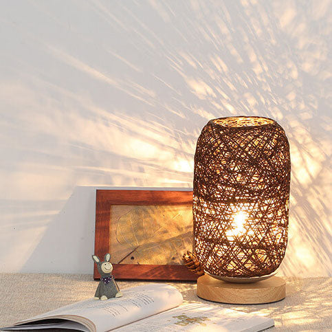 Industriële Rotan & Houten Tafellamp met Japandi Design