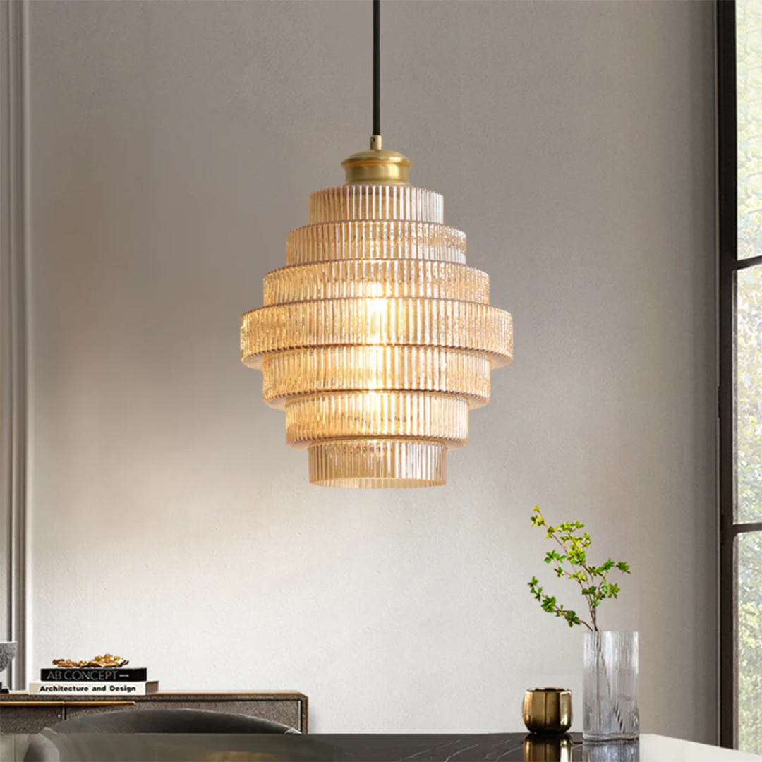 Golvende Glazen Hanglamp met Geribbelde Kap en Messing Details