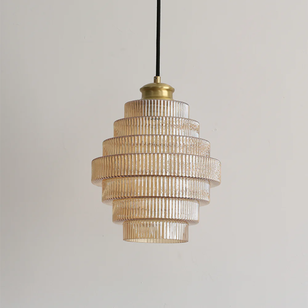 Golvende Glazen Hanglamp met Geribbelde Kap en Messing Details