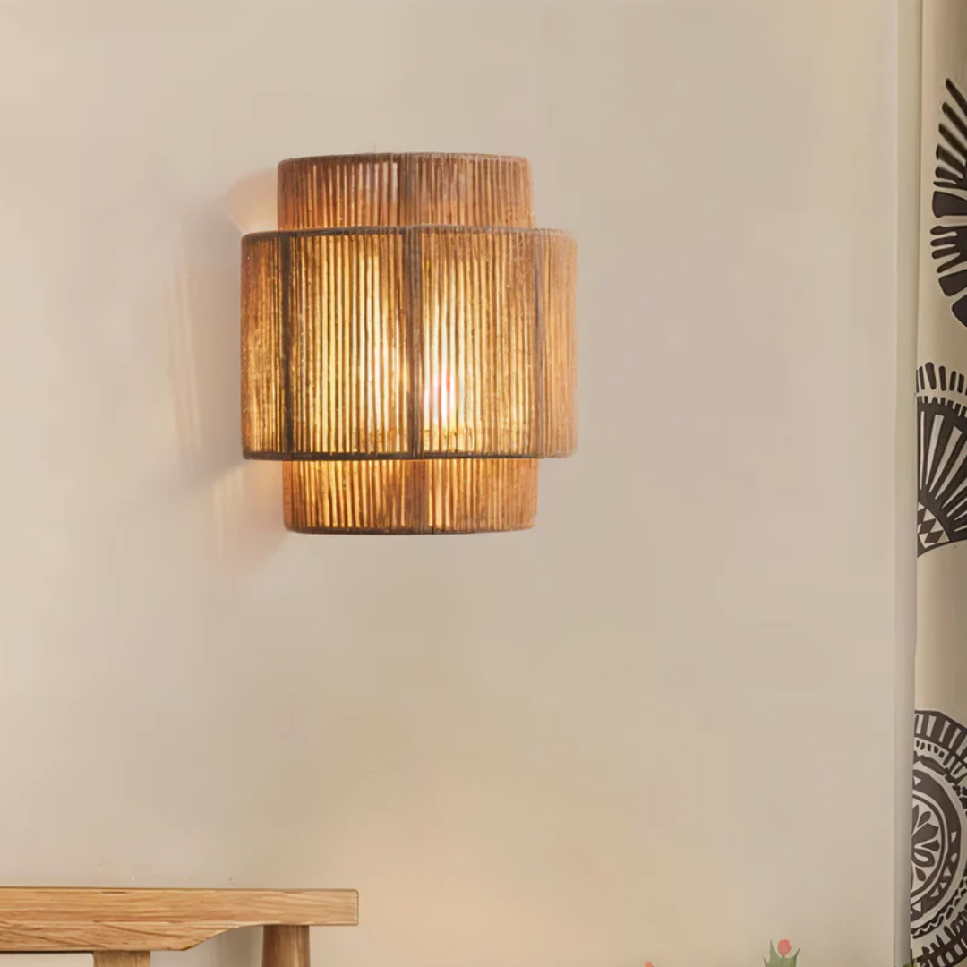 Japandi Wandlamp met Henneptouw en Rattan Lampenkap