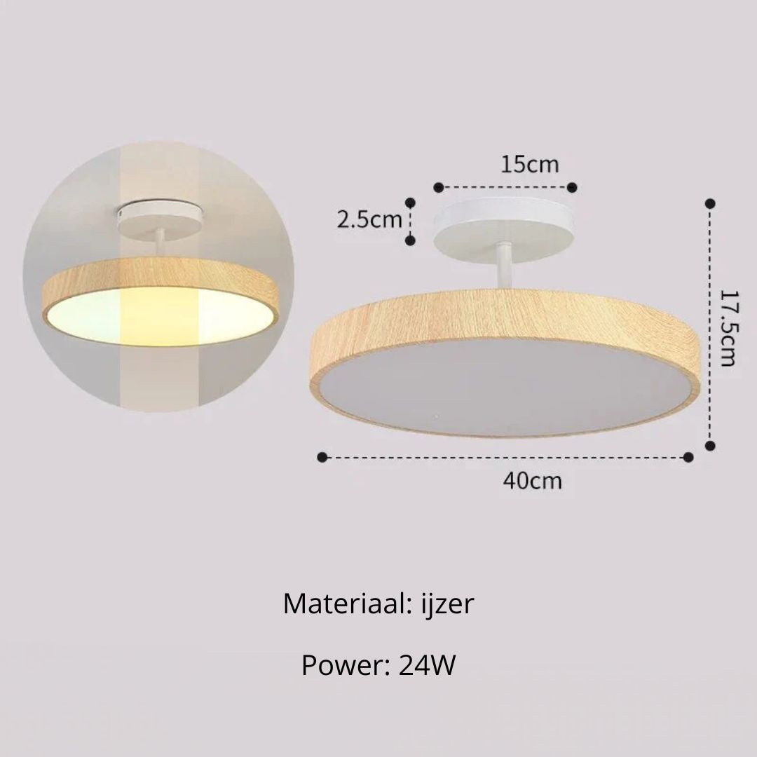 Scandinavische Plafondlamp met Houtlook & Goudkleurig Montuur