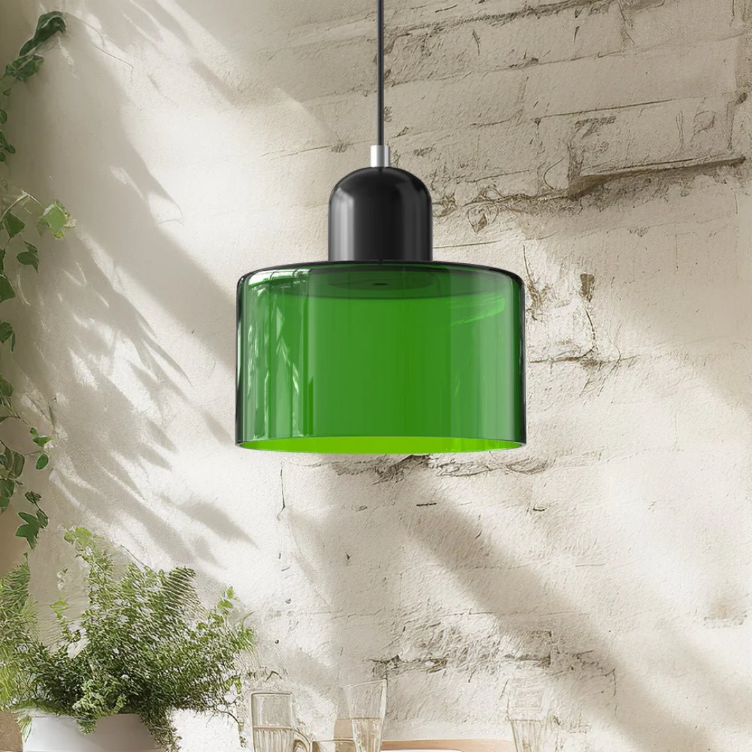 Retro Hanglamp met Oranje Glazen Kap & Groene Bovenzijde