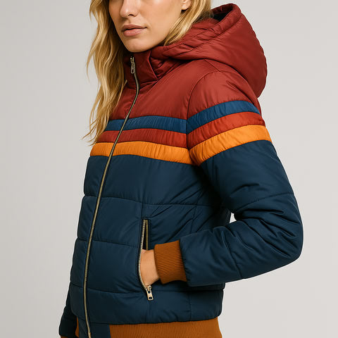 Doudoune Rétro avec Rayures Chaudes – Veste d'Hiver Colorée pour Femmes