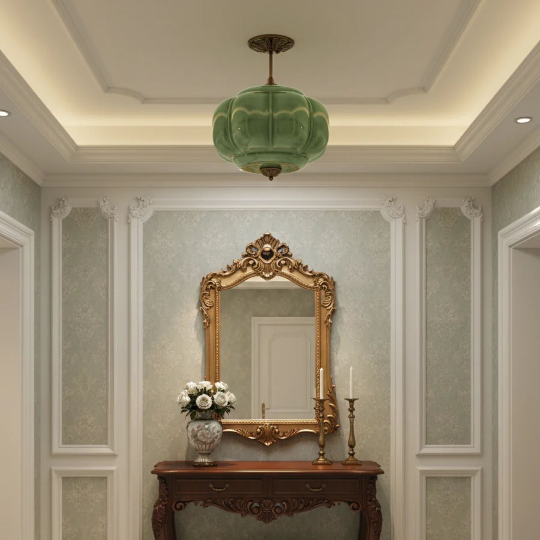 Vintage Glazen Plafondlamp met Pompoenvormige Kap