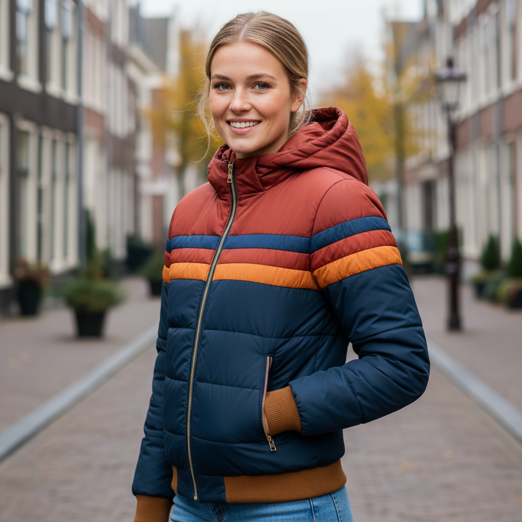 Doudoune Rétro avec Rayures Chaudes – Veste d'Hiver Colorée pour Femmes