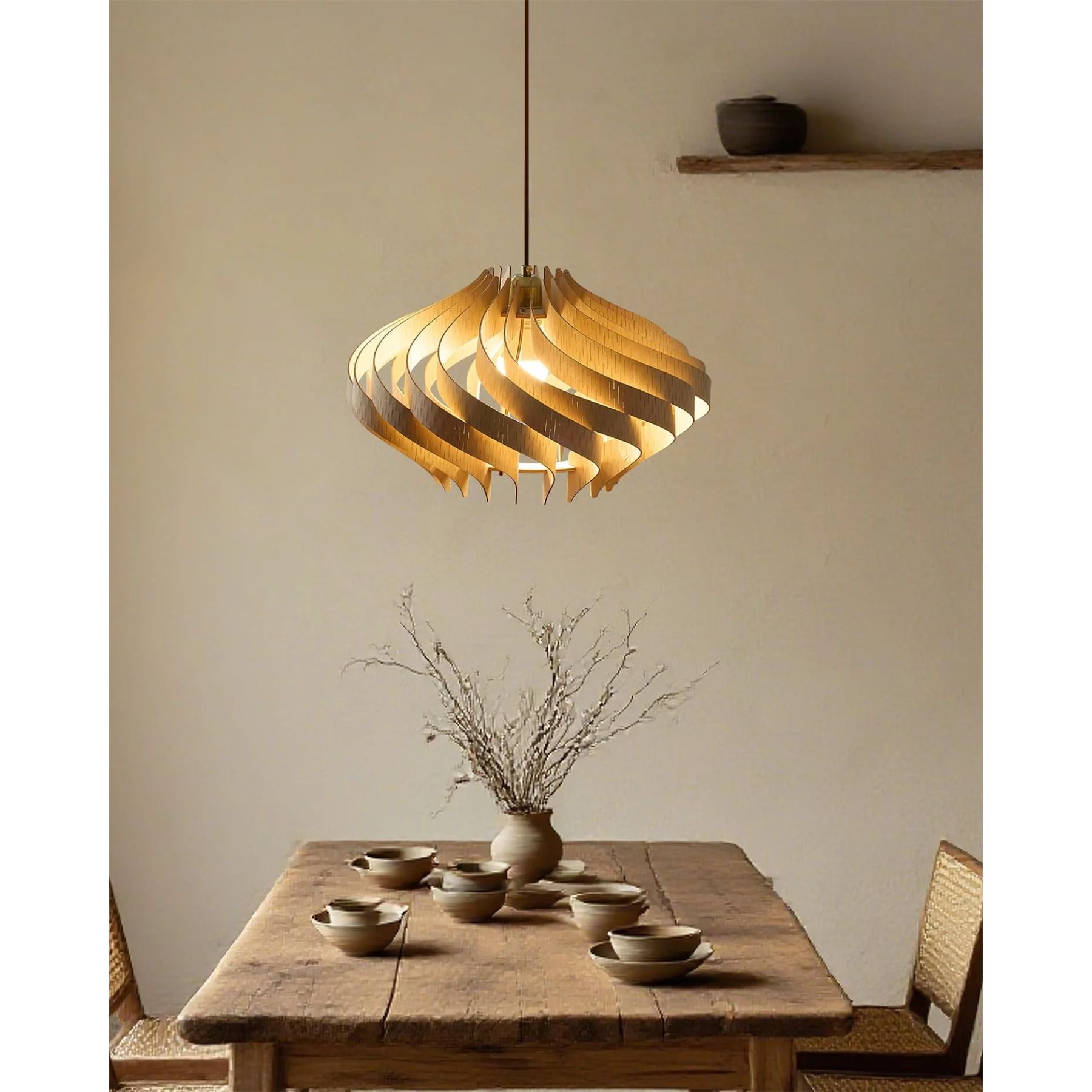 Japandi Houten Hanglamp met Spiraalvormige Lamellen