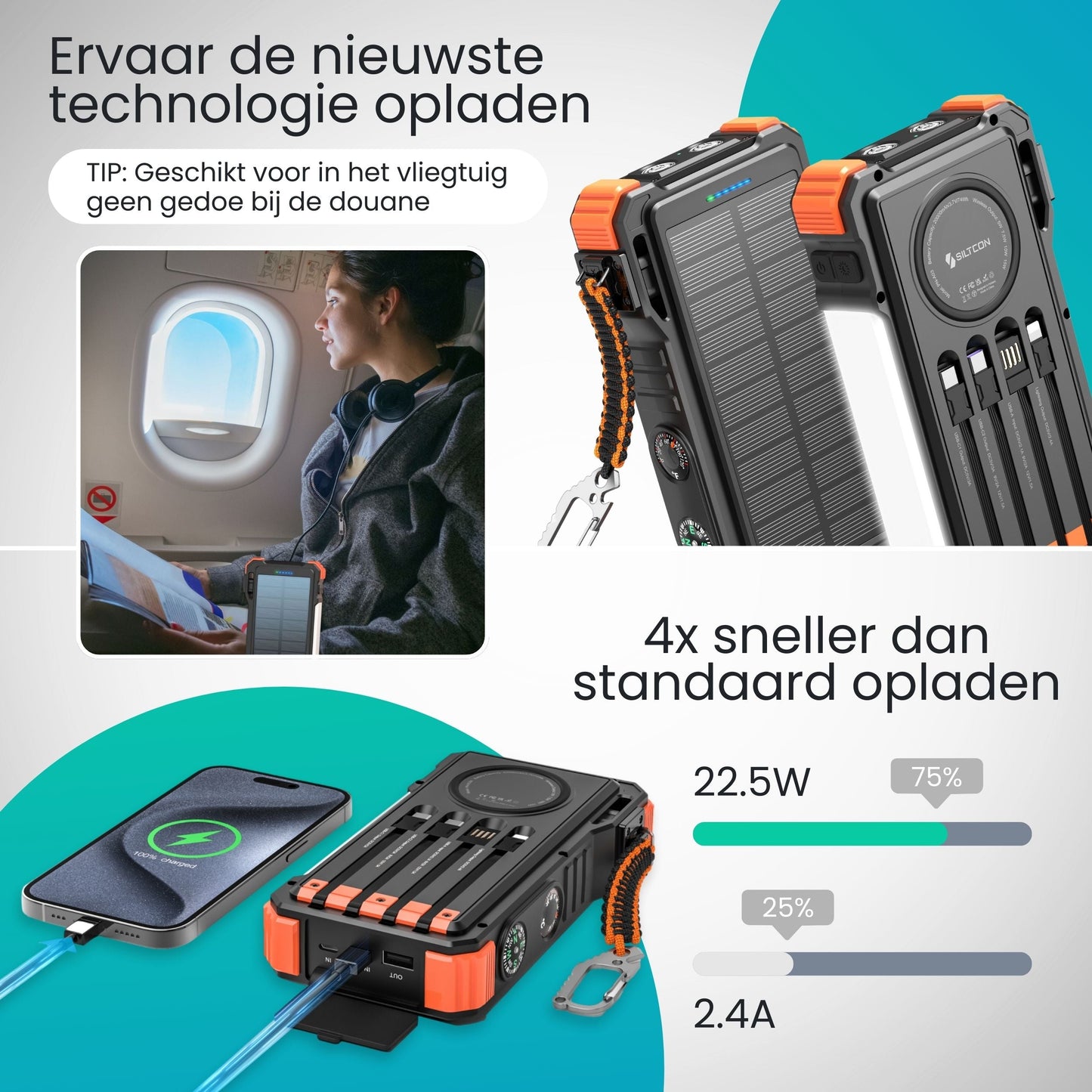 Lumio – Extra Krachtige Solar Powerbank 20000mAh met zonnepaneel & draadloos opladen