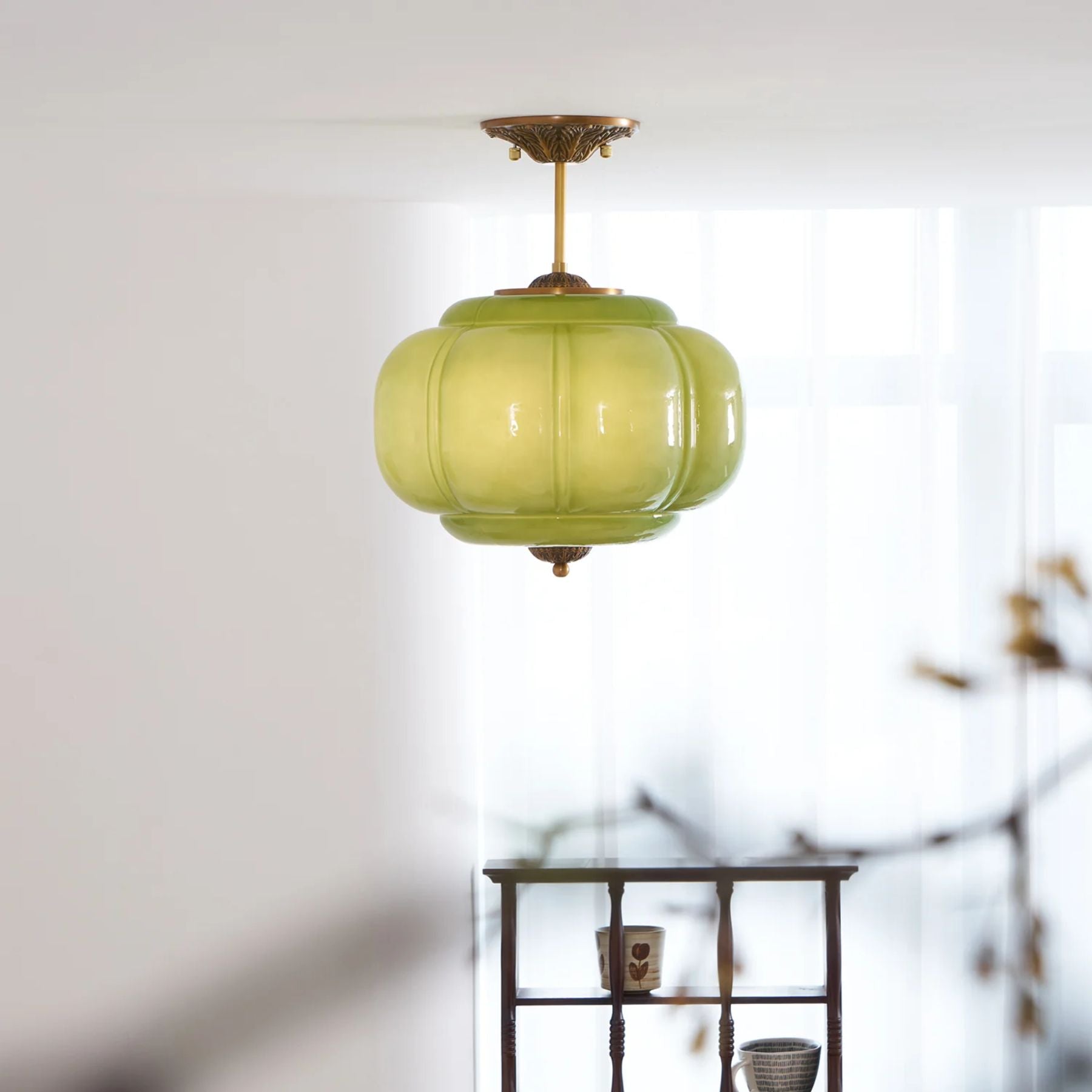 Vintage Glazen Plafondlamp met Pompoenvormige Kap