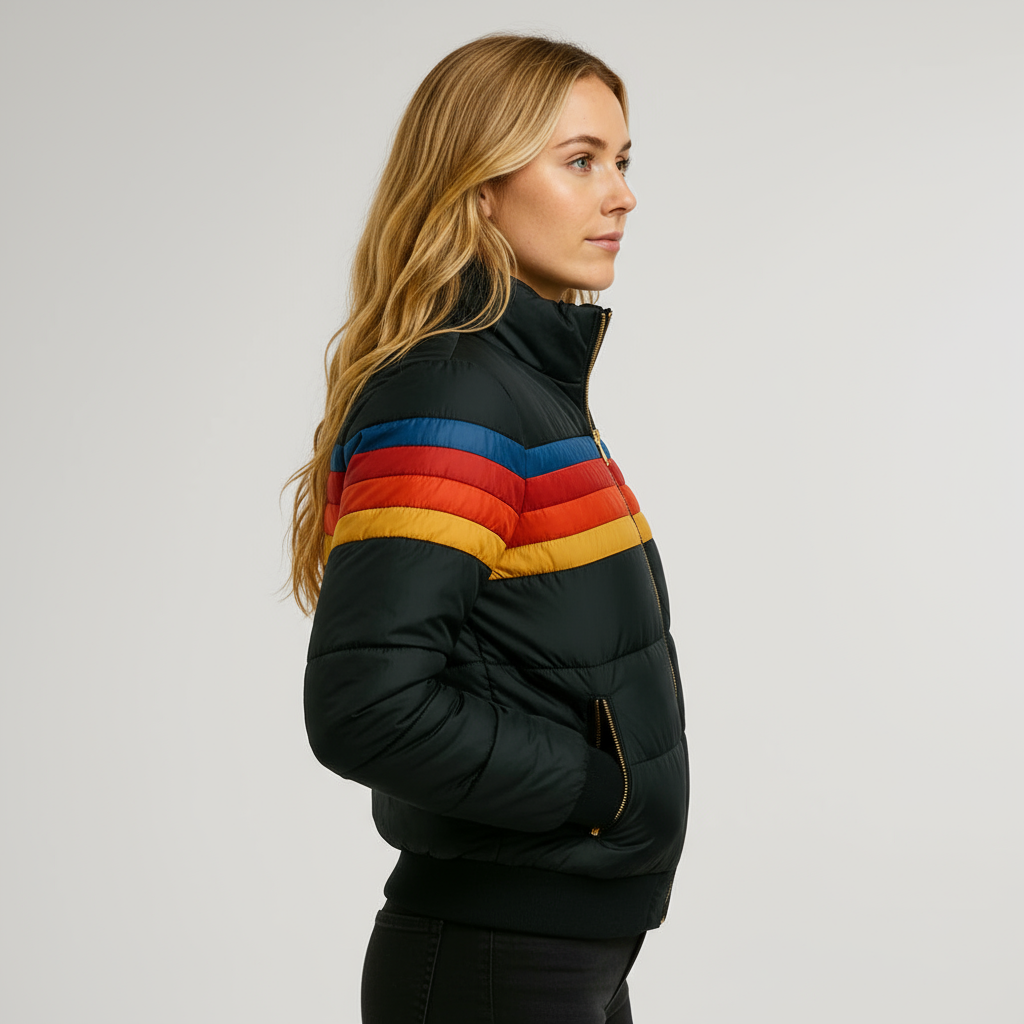 Doudoune Rétro avec Rayures Chaudes – Veste d'Hiver Colorée pour Femmes