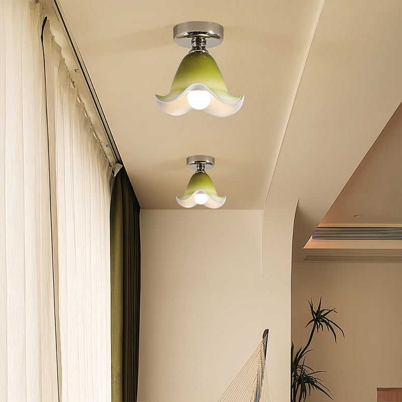 Franse Semi-Flush Plafondlamp met Groene Glazen Kap voor Slaapkamer en Woonkamer