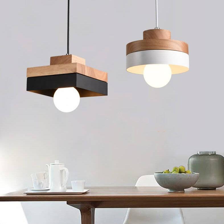 Moderne Hanglamp van Metaal en Hout – Zwart of Wit met Verstelbaar Snoer