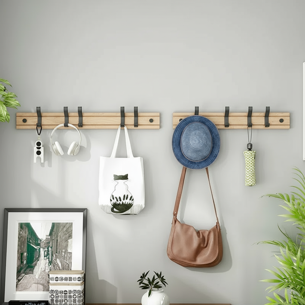 Wandgemonteerde Bamboe Kapstok | Moderne Houten Kapstok Met Aluminium Haken