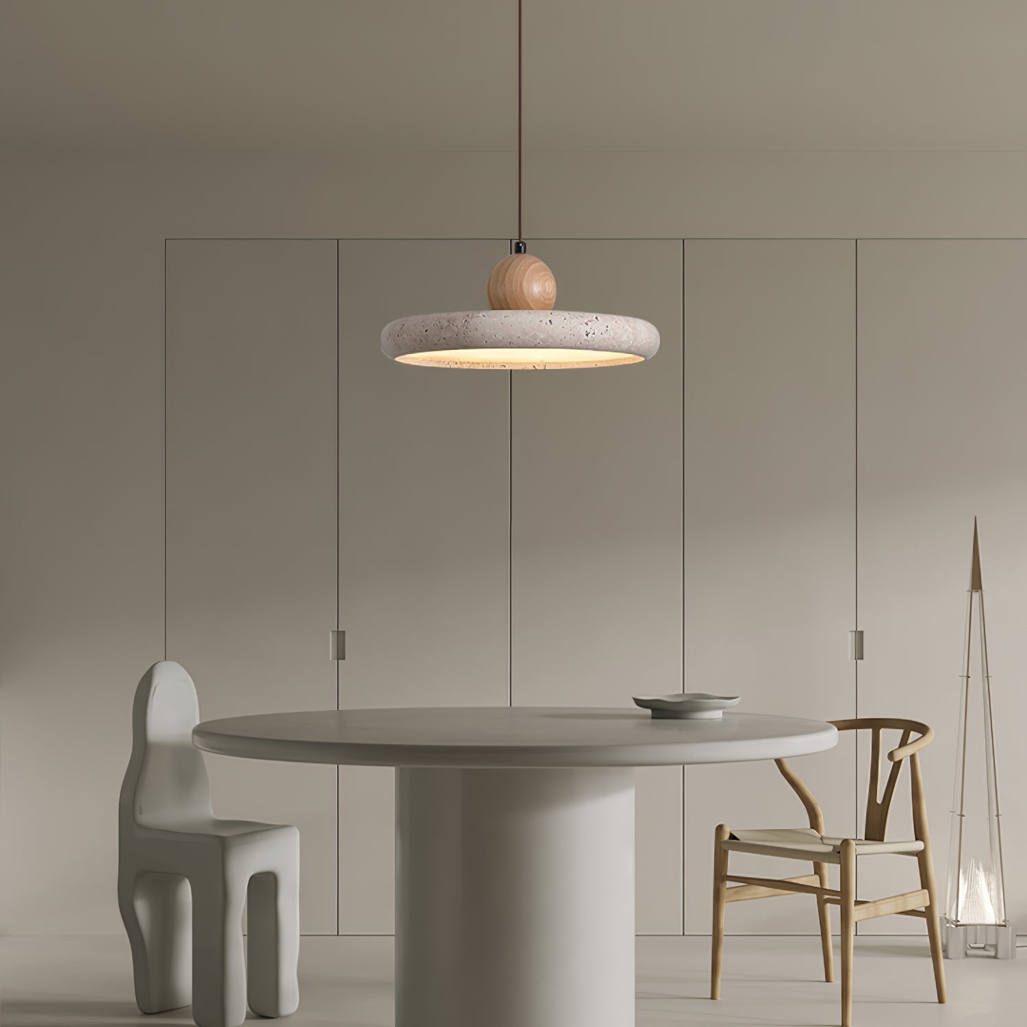 Travertin og Tre Hengelampe med Natursteinsdesign og Varmt LED-lys