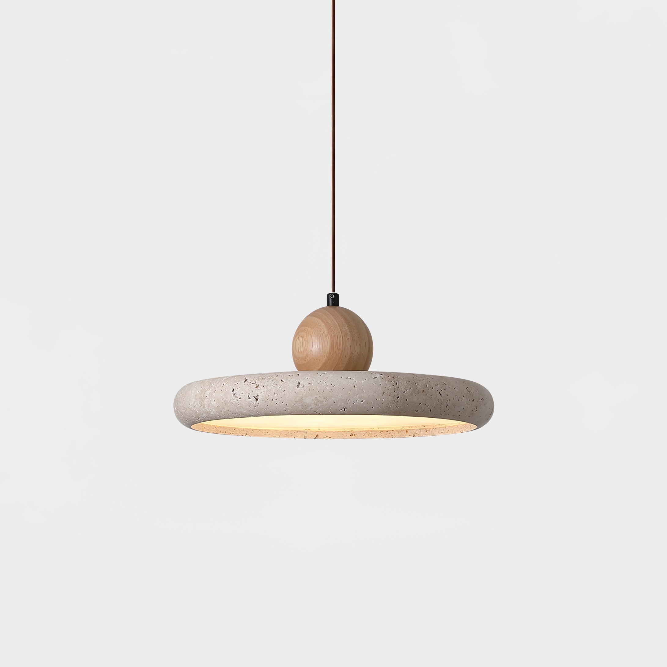 Travertin en Houten Hanglamp met Natuursteen Design en Warm LED Licht