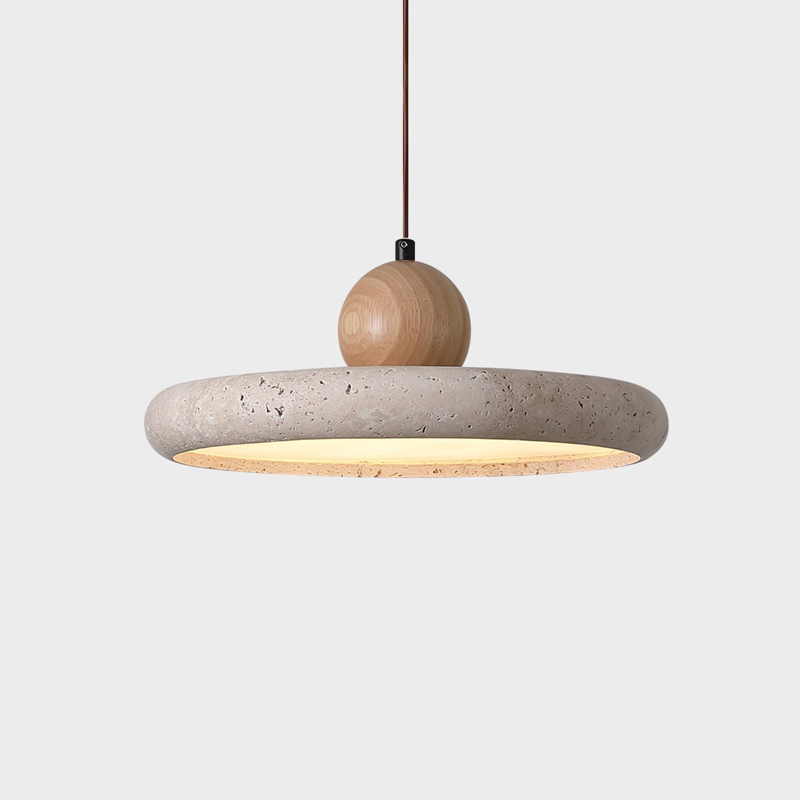 Travertin en Houten Hanglamp met Natuursteen Design en Warm LED Licht
