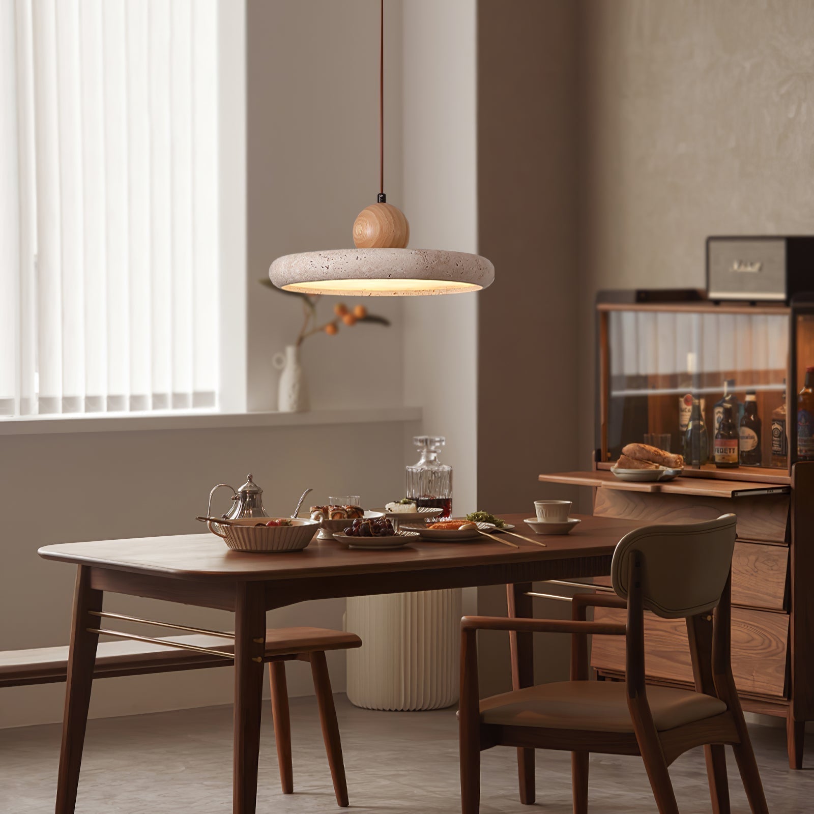 Travertin en Houten Hanglamp met Natuursteen Design en Warm LED Licht