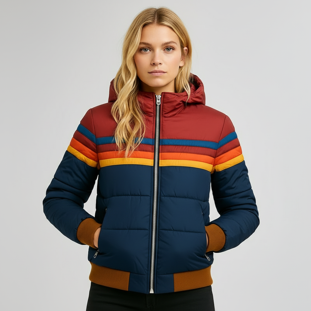 Doudoune Rétro avec Rayures Chaudes – Veste d'Hiver Colorée pour Femmes
