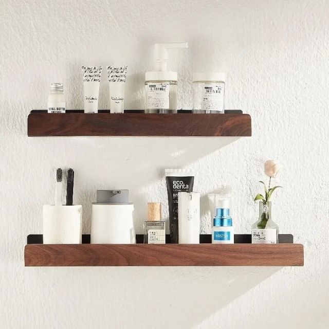 Étagère Murale en Bois Massif – Autocollante, Résistante à l’Humidité & Parfaite pour Salle de Bain