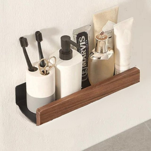 Étagère Murale en Bois Massif – Autocollante, Résistante à l’Humidité & Parfaite pour Salle de Bain