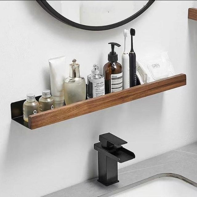 Étagère Murale en Bois Massif – Autocollante, Résistante à l’Humidité & Parfaite pour Salle de Bain