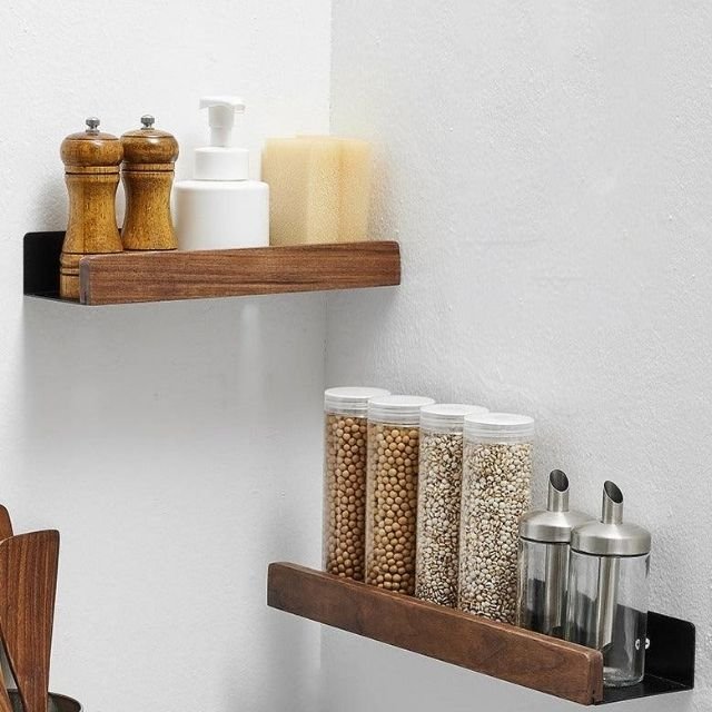 Étagère Murale en Bois Massif – Autocollante, Résistante à l’Humidité & Parfaite pour Salle de Bain