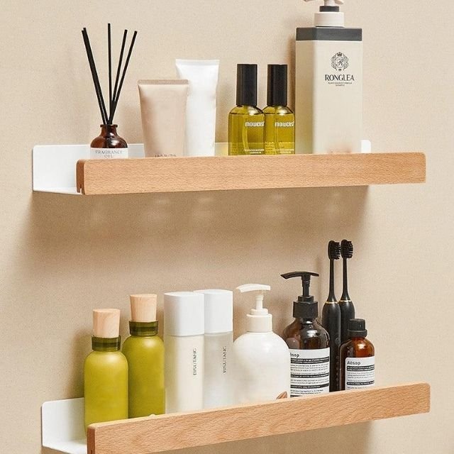 Étagère Murale en Bois Massif – Autocollante, Résistante à l’Humidité & Parfaite pour Salle de Bain