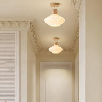 Moderne Japandi Plafondlamp – Walnoot & Hout met Glazen Kap