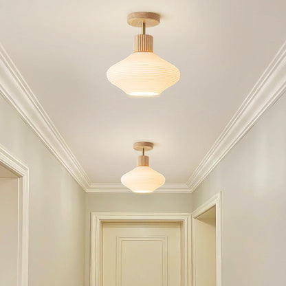 Moderne Japandi Plafondlamp – Walnoot & Hout met Glazen Kap