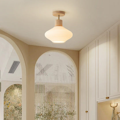 Moderne Japandi Plafondlamp – Walnoot & Hout met Glazen Kap