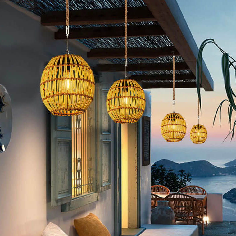 Solar LED Hanglamp met Japandi Design – Vintage Geel – 1.2 V (1 Lichtbron)