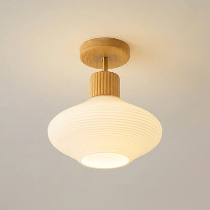 Moderne Japandi Plafondlamp – Walnoot & Hout met Glazen Kap
