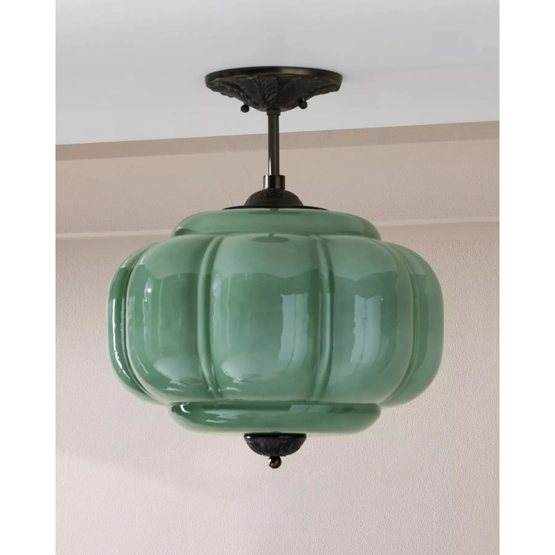 Vintage Glazen Plafondlamp met Pompoenvormige Kap