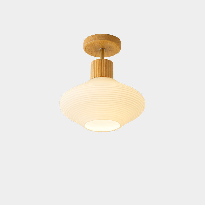 Moderne Japandi Plafondlamp – Walnoot & Hout met Glazen Kap