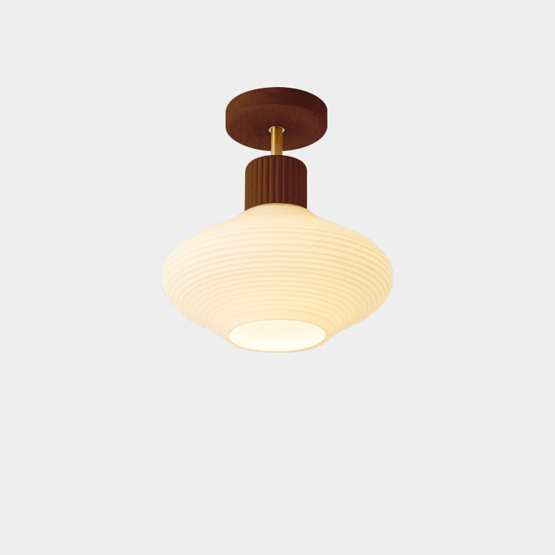 Moderne Japandi Plafondlamp – Walnoot & Hout met Glazen Kap