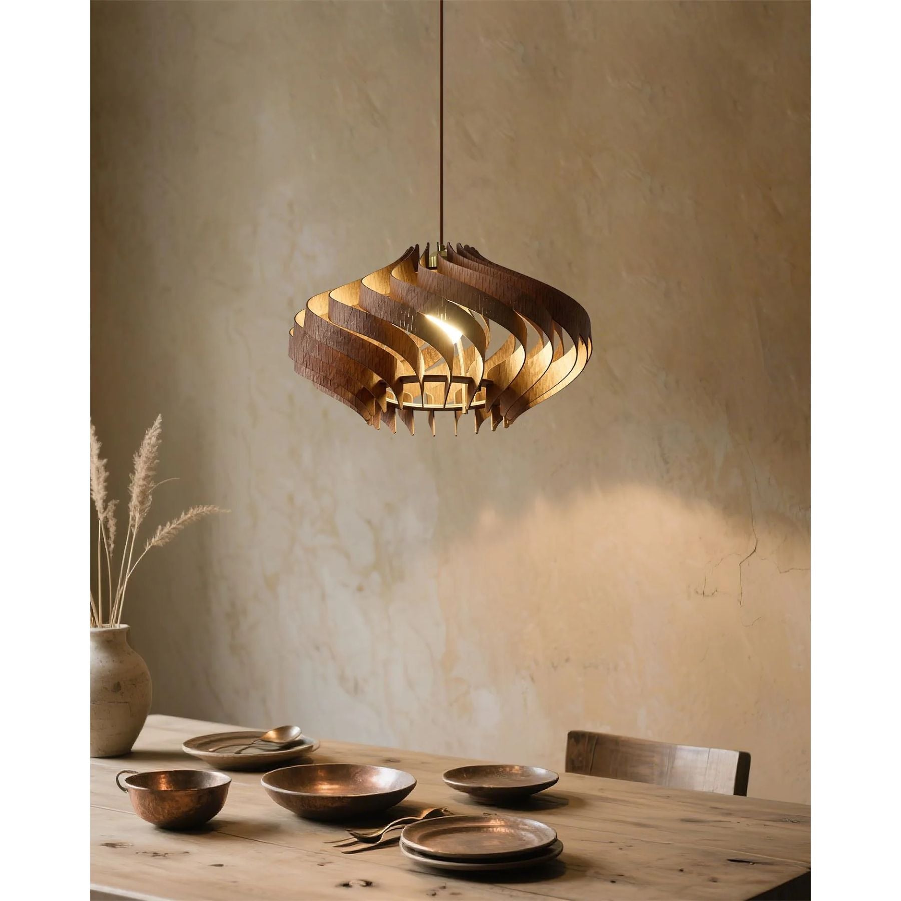 Japandi Houten Hanglamp met Spiraalvormige Lamellen