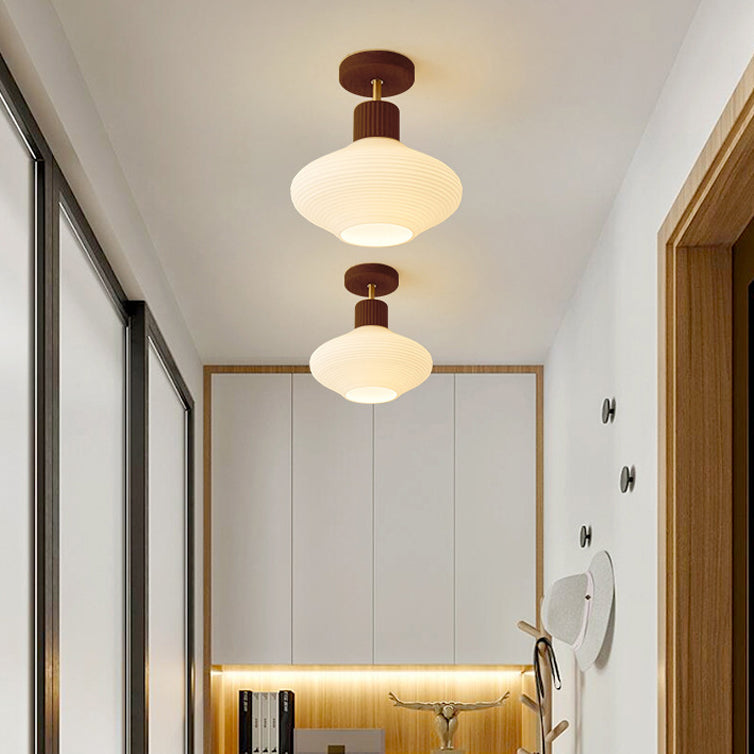 Moderne Japandi Plafondlamp – Walnoot & Hout met Glazen Kap