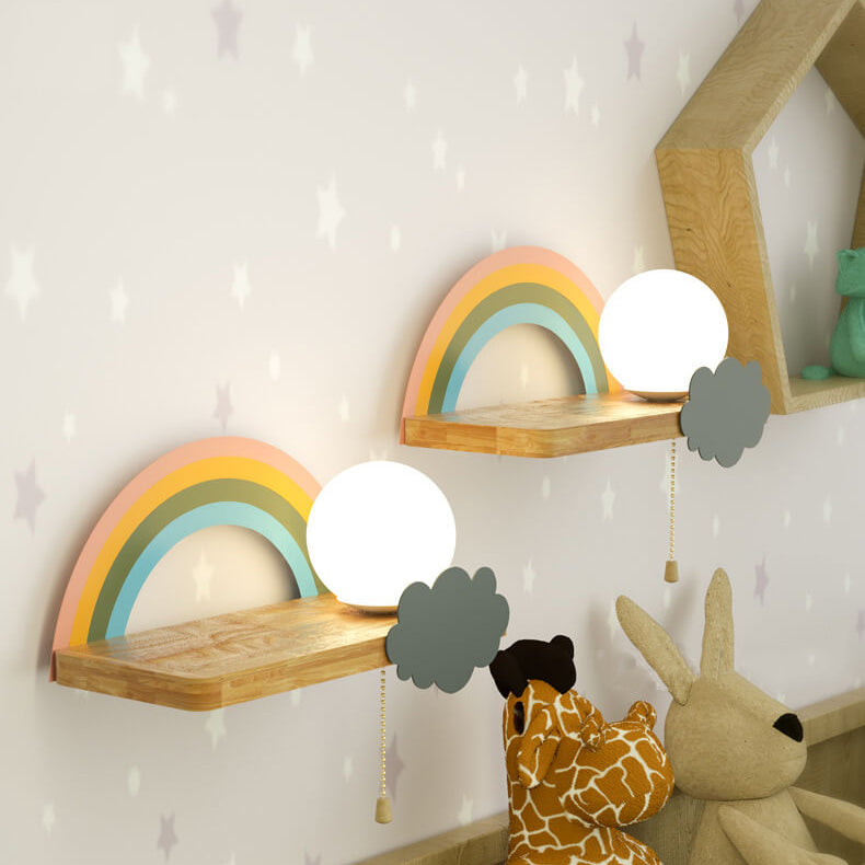 Regenboog Cartoon Wandlamp van Glas met Houten & Metalen Accenten – 4 Kleuren, 3 Lichtstanden