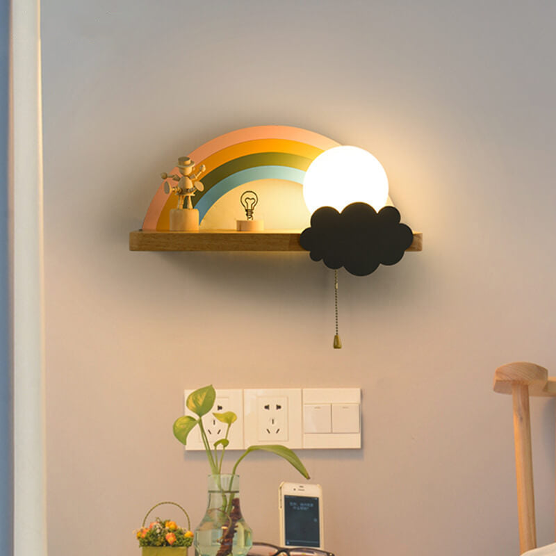 Regenboog Cartoon Wandlamp van Glas met Houten & Metalen Accenten – 4 Kleuren, 3 Lichtstanden