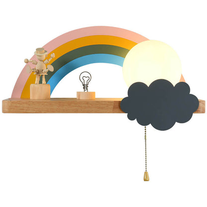 Regenboog Cartoon Wandlamp van Glas met Houten & Metalen Accenten – 4 Kleuren, 3 Lichtstanden