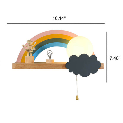 Regenboog Cartoon Wandlamp van Glas met Houten & Metalen Accenten – 4 Kleuren, 3 Lichtstanden