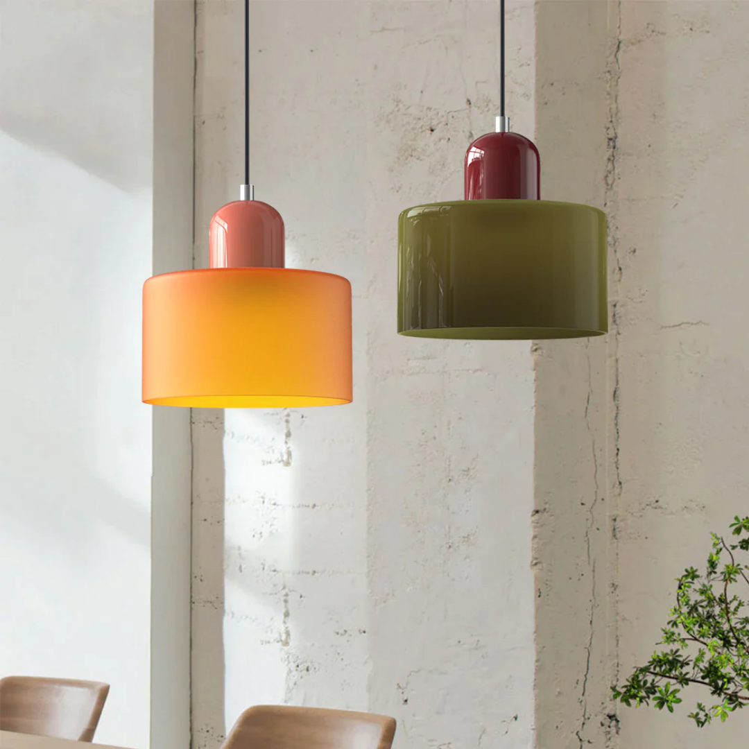 Retro Hanglamp met Oranje Glazen Kap & Groene Bovenzijde