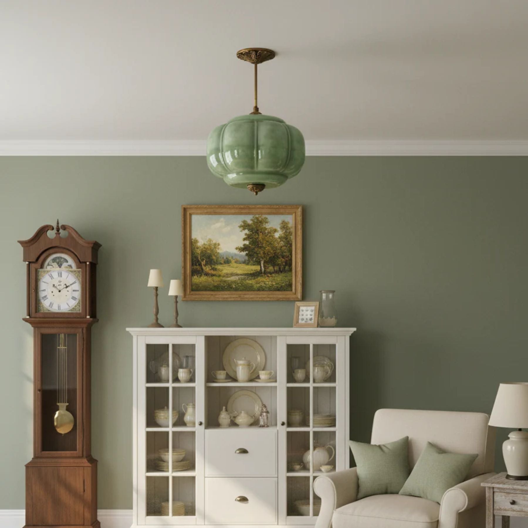 Vintage Glazen Plafondlamp met Pompoenvormige Kap