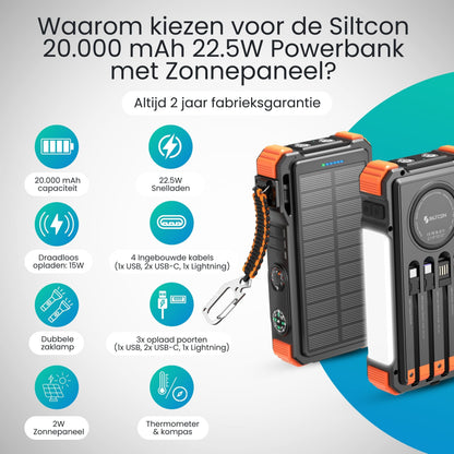 Lumio – Extra Krachtige Solar Powerbank 20000mAh met zonnepaneel & draadloos opladen